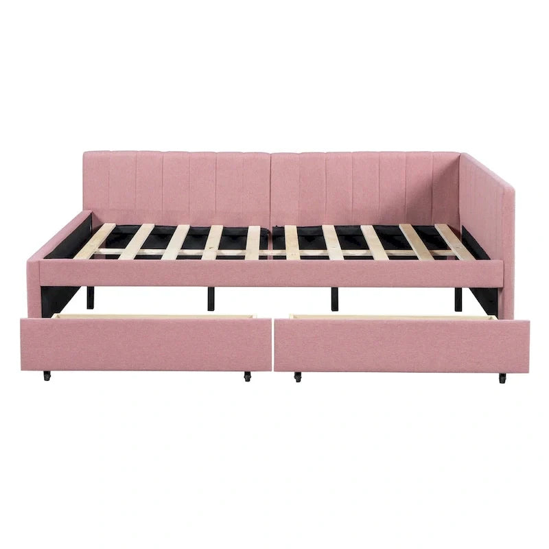Lit de repos rembourré pleine grandeur avec 2 tiroirs de rangement, cadre de lit de jour, aucun sommier tapissier requis, tissu de lin, beige