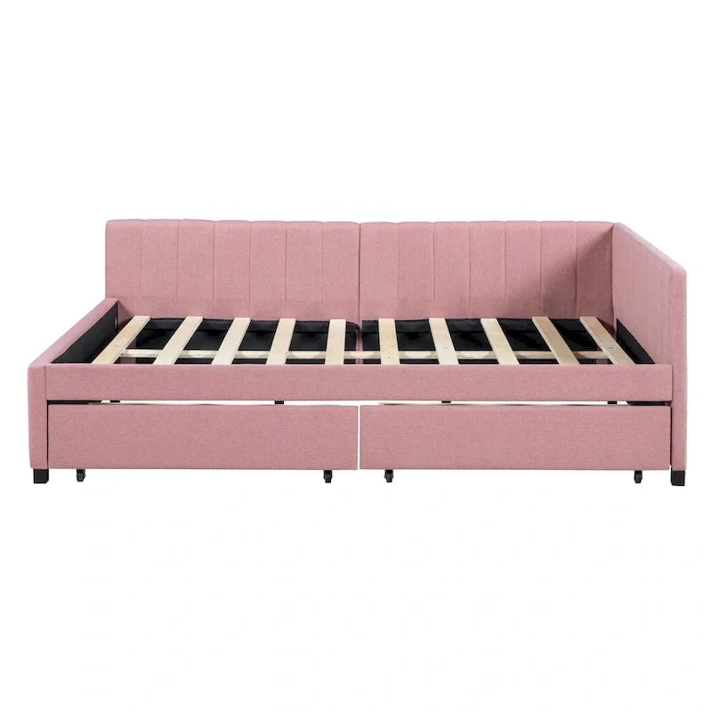 Lit de repos rembourré pleine grandeur avec 2 tiroirs de rangement, cadre de lit de jour, aucun sommier tapissier requis, tissu de lin, beige