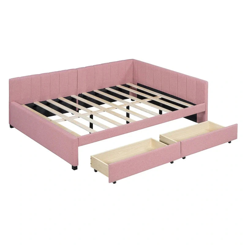 Lit de repos rembourré pleine grandeur avec 2 tiroirs de rangement, cadre de lit de jour, aucun sommier tapissier requis, tissu de lin, beige