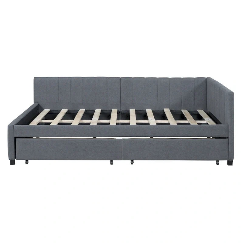 Lit de repos rembourré pleine grandeur avec 2 tiroirs de rangement, cadre de lit de jour, aucun sommier tapissier requis, tissu de lin, beige