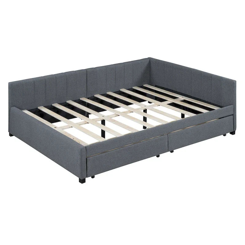 Lit de repos rembourré pleine grandeur avec 2 tiroirs de rangement, cadre de lit de jour, aucun sommier tapissier requis, tissu de lin, beige