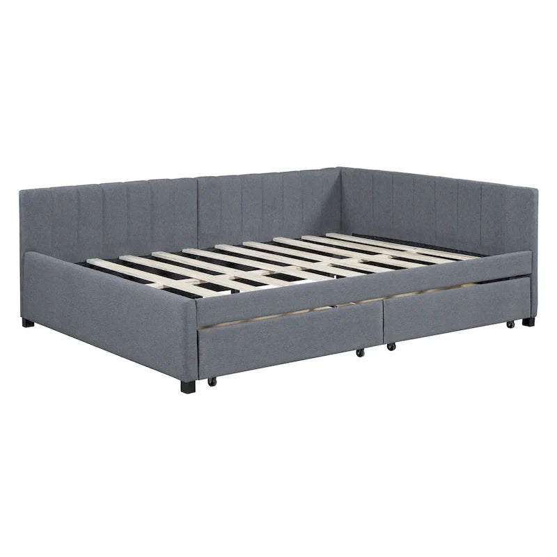 Lit de repos rembourré pleine grandeur avec 2 tiroirs de rangement, cadre de lit de jour, aucun sommier tapissier requis, tissu de lin, beige