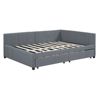 Lit de repos rembourré pleine grandeur avec 2 tiroirs de rangement, cadre de lit de jour, aucun sommier tapissier requis, tissu de lin, beige