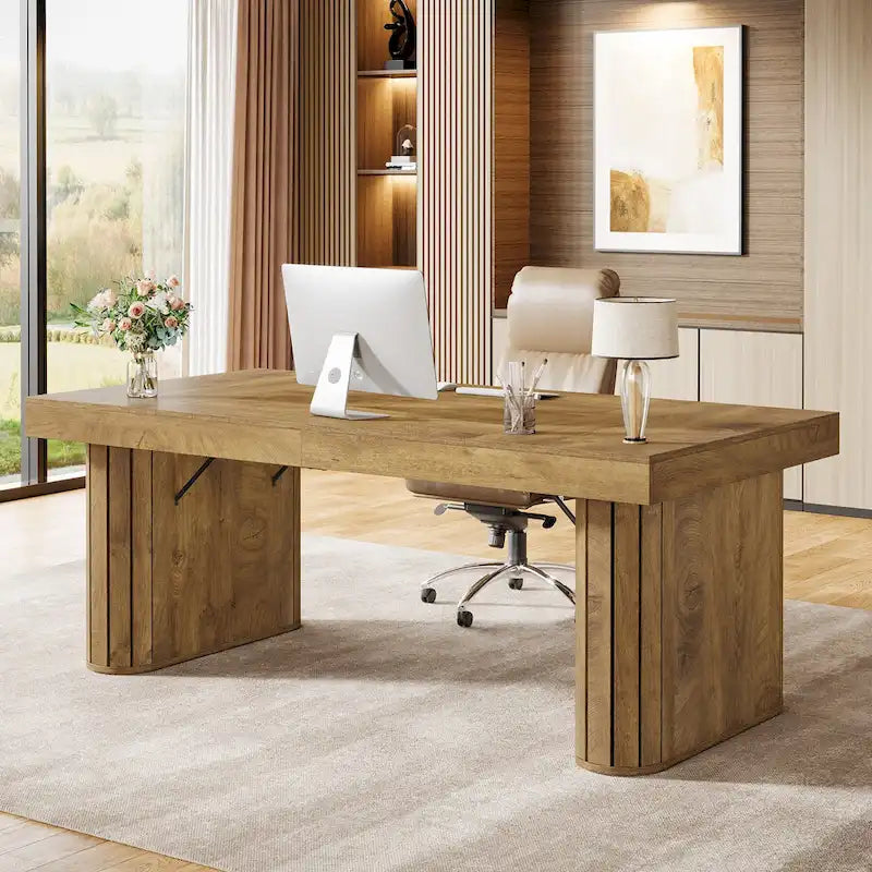 Bureau de direction 70.9, bureau informatique style ferme, grand poste de travail pour bureau à domicile, brun
