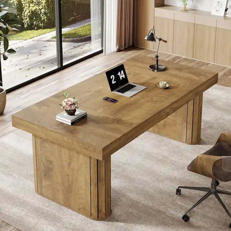 Bureau de direction 70.9, bureau informatique style ferme, grand poste de travail pour bureau à domicile, brun