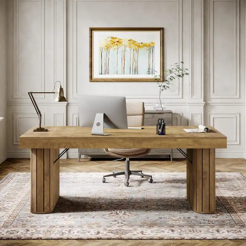 Bureau de direction 70.9, bureau informatique style ferme, grand poste de travail pour bureau à domicile, brun