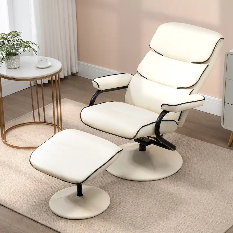 Fauteuil Lounge Inclinable Réglable Pivotant 360° en Cuir PU à Dossier Haut avec Pouf et Rembourrage en Mousse Épaisse