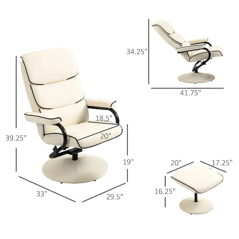 Fauteuil Lounge Inclinable Réglable Pivotant 360° en Cuir PU à Dossier Haut avec Pouf et Rembourrage en Mousse Épaisse