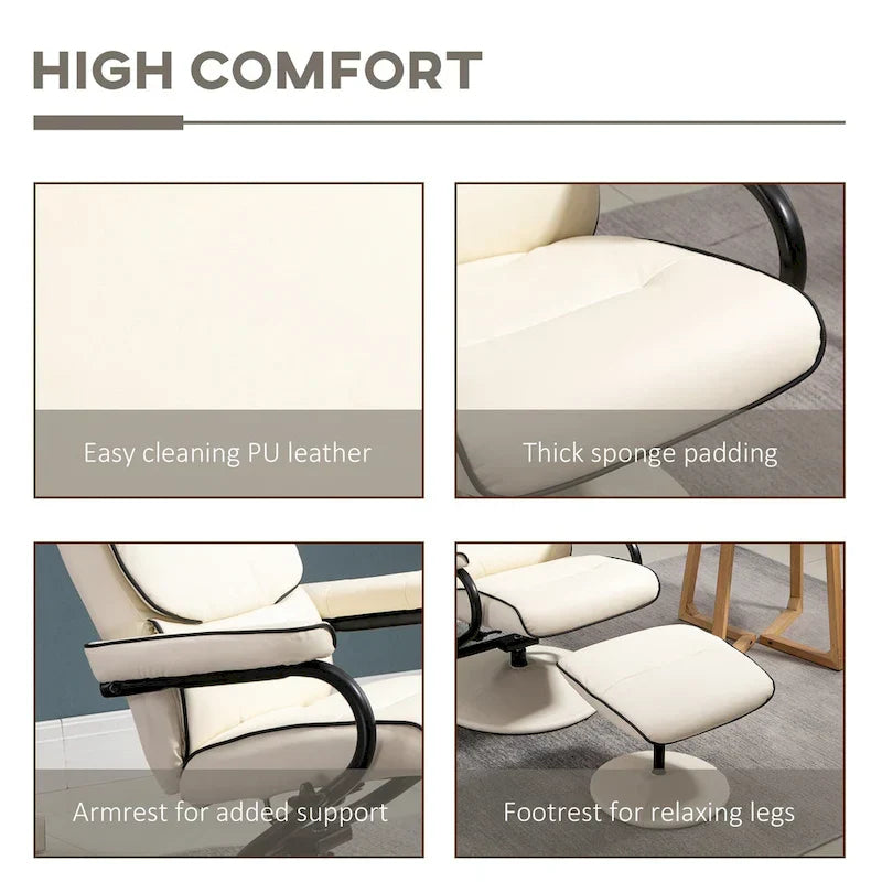 Fauteuil Lounge Inclinable Réglable Pivotant 360° en Cuir PU à Dossier Haut avec Pouf et Rembourrage en Mousse Épaisse