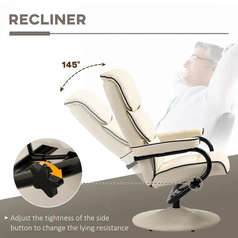 Fauteuil Lounge Inclinable Réglable Pivotant 360° en Cuir PU à Dossier Haut avec Pouf et Rembourrage en Mousse Épaisse