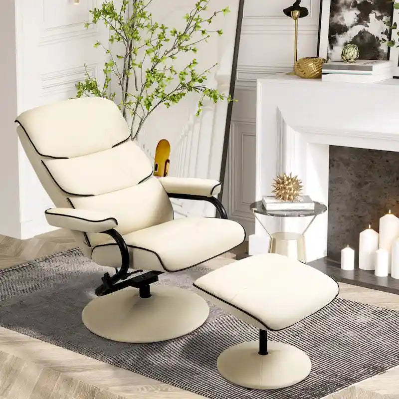 Fauteuil Lounge Inclinable Réglable Pivotant 360° en Cuir PU à Dossier Haut avec Pouf et Rembourrage en Mousse Épaisse