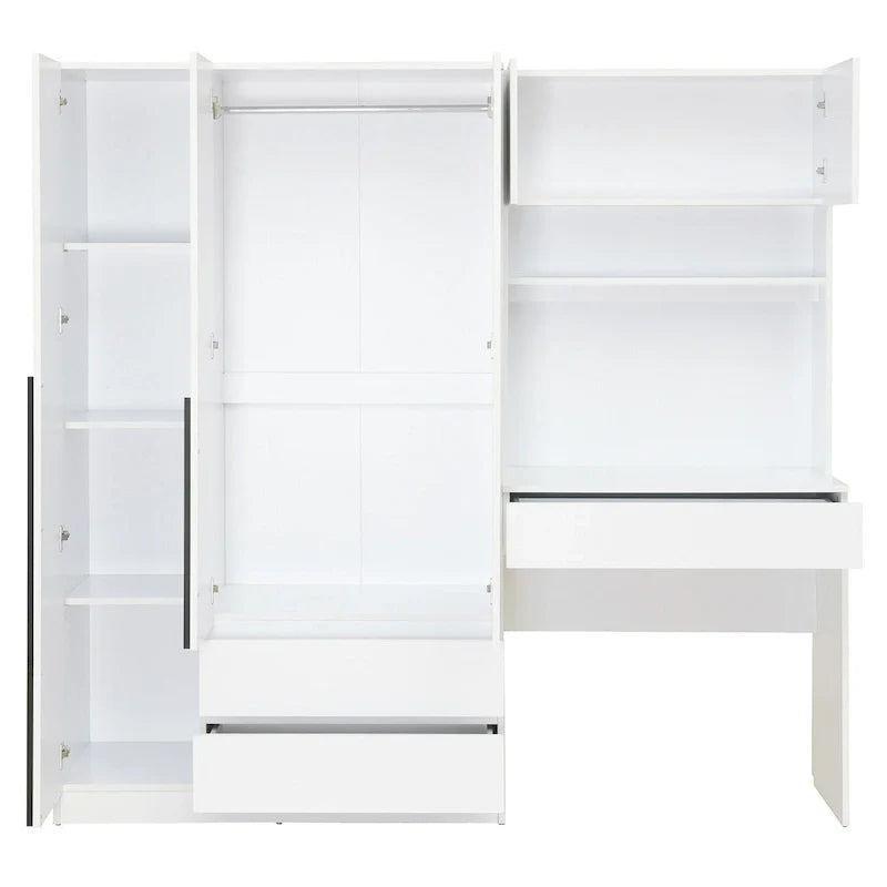 Armoire-penderie 3-en-1 avec coiffeuse, ensemble de bureau, armoire de chambre avec 2 tiroirs, armoire-penderie à 3 portes avec espace de rangement