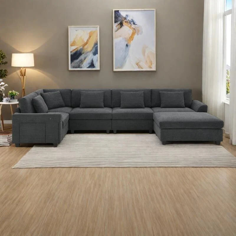 Canapé sectionnel en U 128 avec ottomane, ensemble de canapés 6 places avec rangement intégré, ports USB et porte-gobelets
