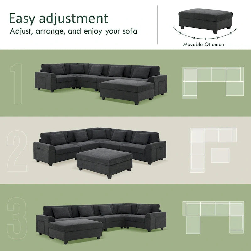 Canapé sectionnel en U 128 avec ottomane, ensemble de canapés 6 places avec rangement intégré, ports USB et porte-gobelets