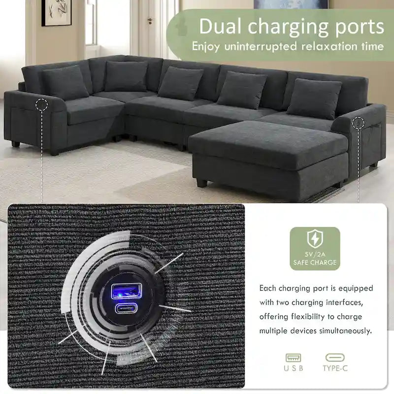 Canapé sectionnel en U 128 avec ottomane, ensemble de canapés 6 places avec rangement intégré, ports USB et porte-gobelets
