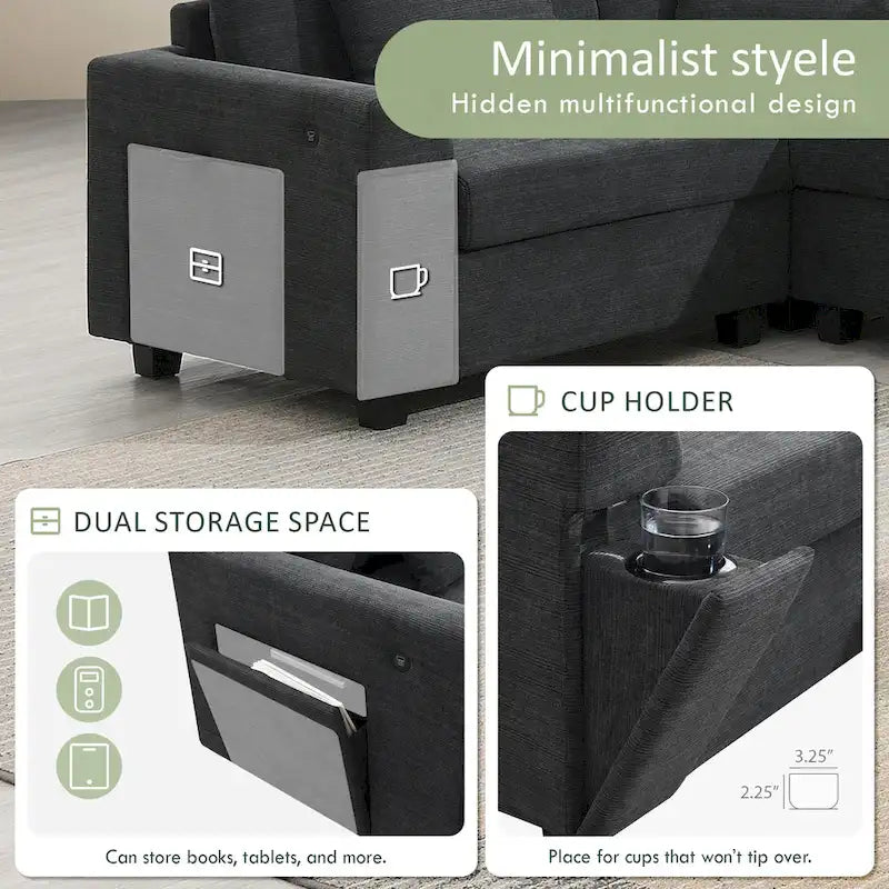 Canapé sectionnel en U 128 avec ottomane, ensemble de canapés 6 places avec rangement intégré, ports USB et porte-gobelets