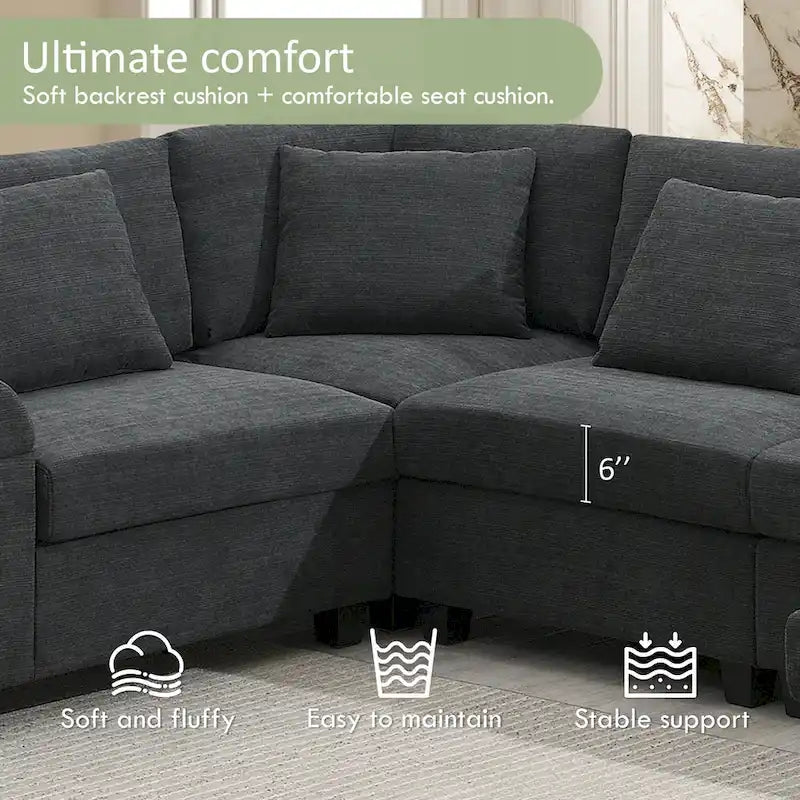 Canapé sectionnel en U 128 avec ottomane, ensemble de canapés 6 places avec rangement intégré, ports USB et porte-gobelets