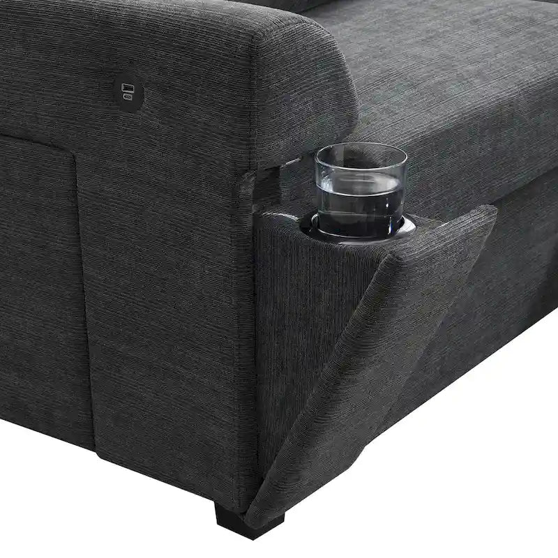 Canapé sectionnel en U 128 avec ottomane, ensemble de canapés 6 places avec rangement intégré, ports USB et porte-gobelets