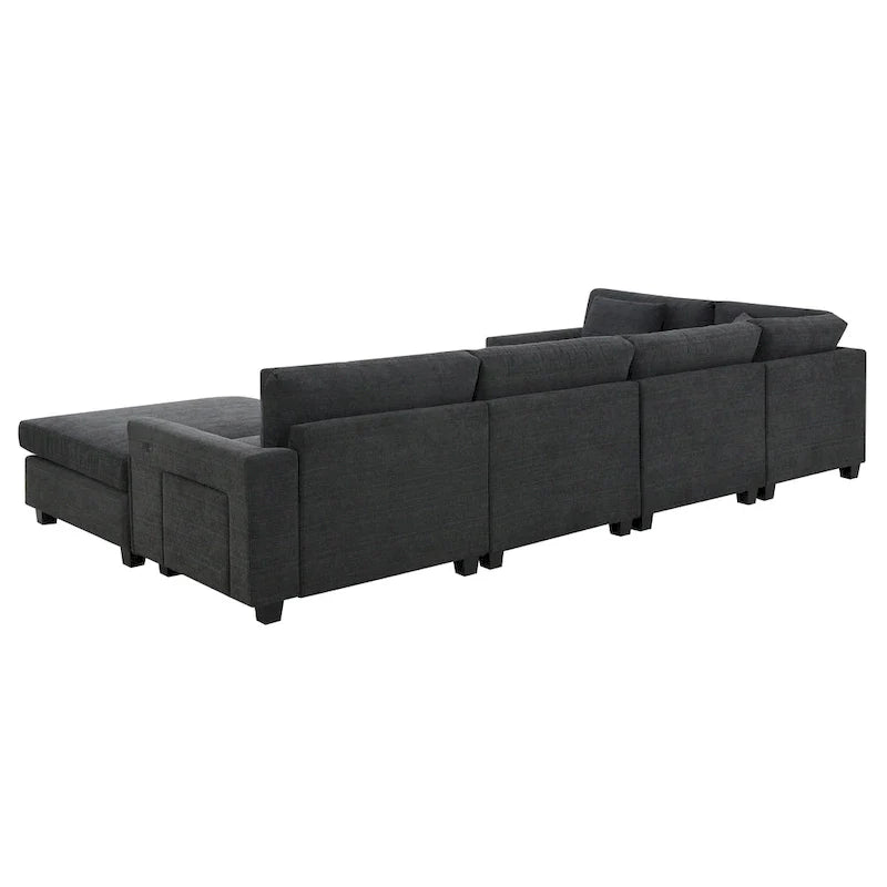 Canapé sectionnel en U 128 avec ottomane, ensemble de canapés 6 places avec rangement intégré, ports USB et porte-gobelets