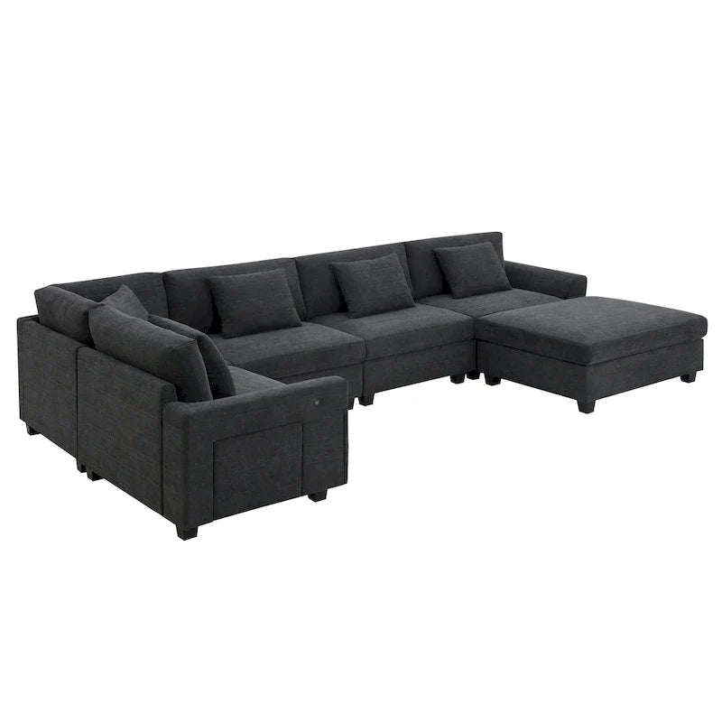 Canapé sectionnel en U 128 avec ottomane, ensemble de canapés 6 places avec rangement intégré, ports USB et porte-gobelets
