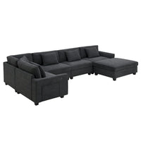 Canapé sectionnel en U 128 avec ottomane, ensemble de canapés 6 places avec rangement intégré, ports USB et porte-gobelets