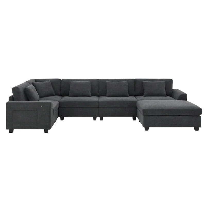 Canapé sectionnel en U 128 avec ottomane, ensemble de canapés 6 places avec rangement intégré, ports USB et porte-gobelets