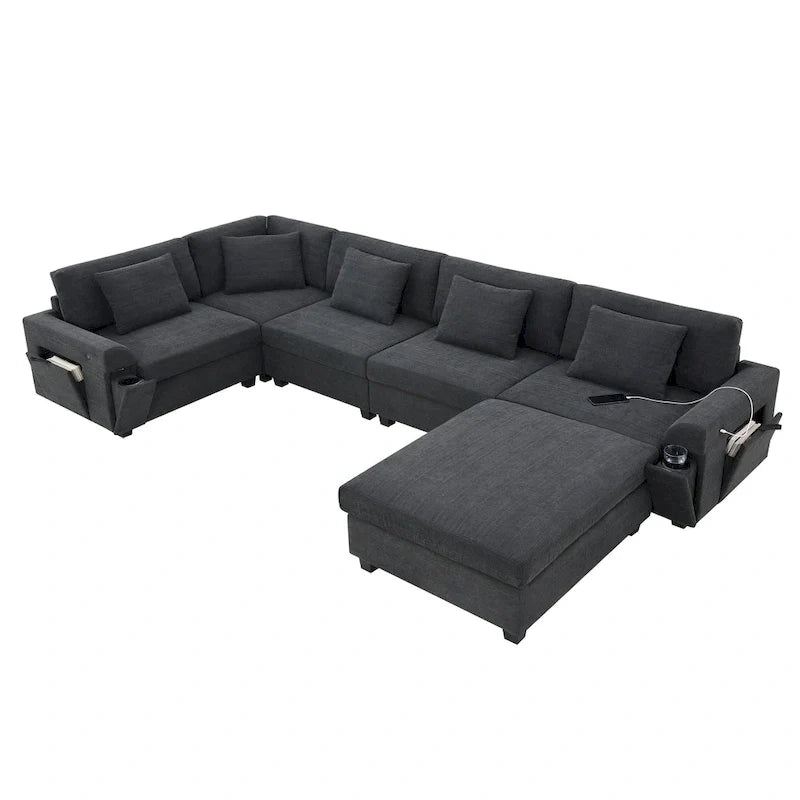 Canapé sectionnel en U 128 avec ottomane, ensemble de canapés 6 places avec rangement intégré, ports USB et porte-gobelets