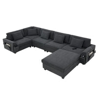 Canapé sectionnel en U 128 avec ottomane, ensemble de canapés 6 places avec rangement intégré, ports USB et porte-gobelets