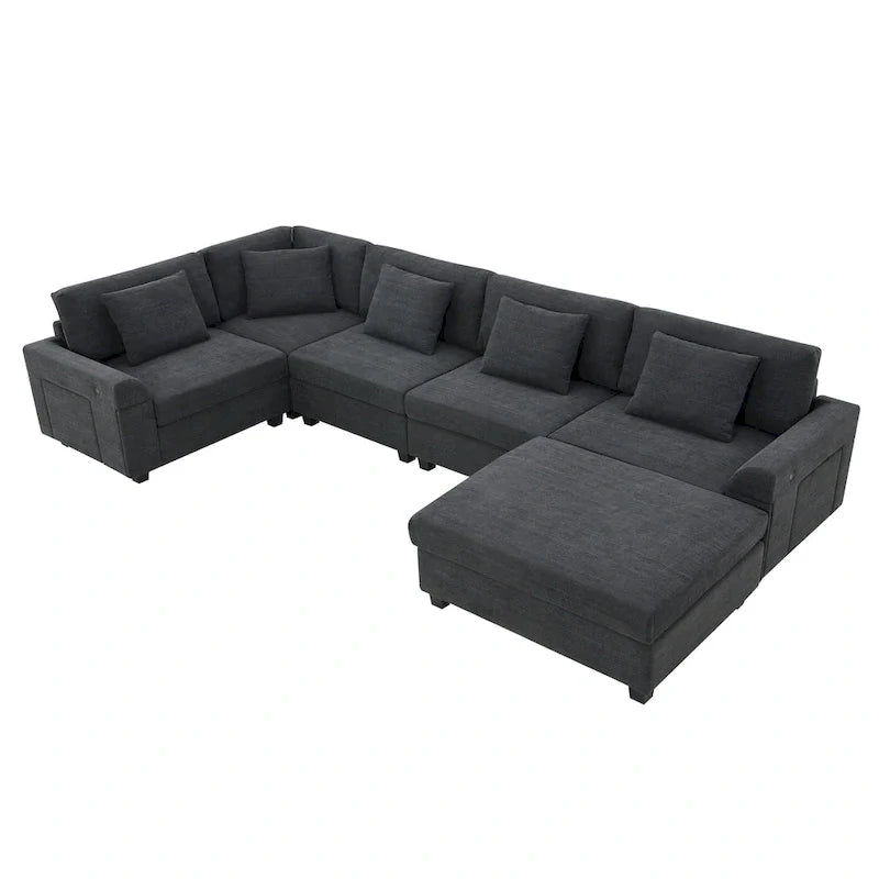 Canapé sectionnel en U 128 avec ottomane, ensemble de canapés 6 places avec rangement intégré, ports USB et porte-gobelets