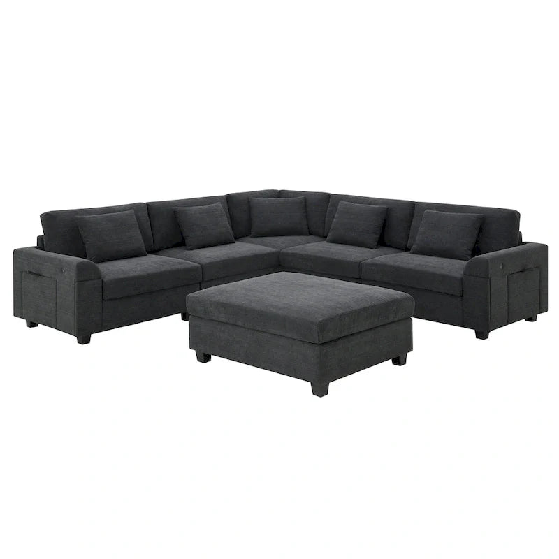 Canapé sectionnel en U 128 avec ottomane, ensemble de canapés 6 places avec rangement intégré, ports USB et porte-gobelets