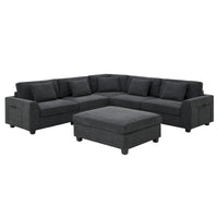 Canapé sectionnel en U 128 avec ottomane, ensemble de canapés 6 places avec rangement intégré, ports USB et porte-gobelets