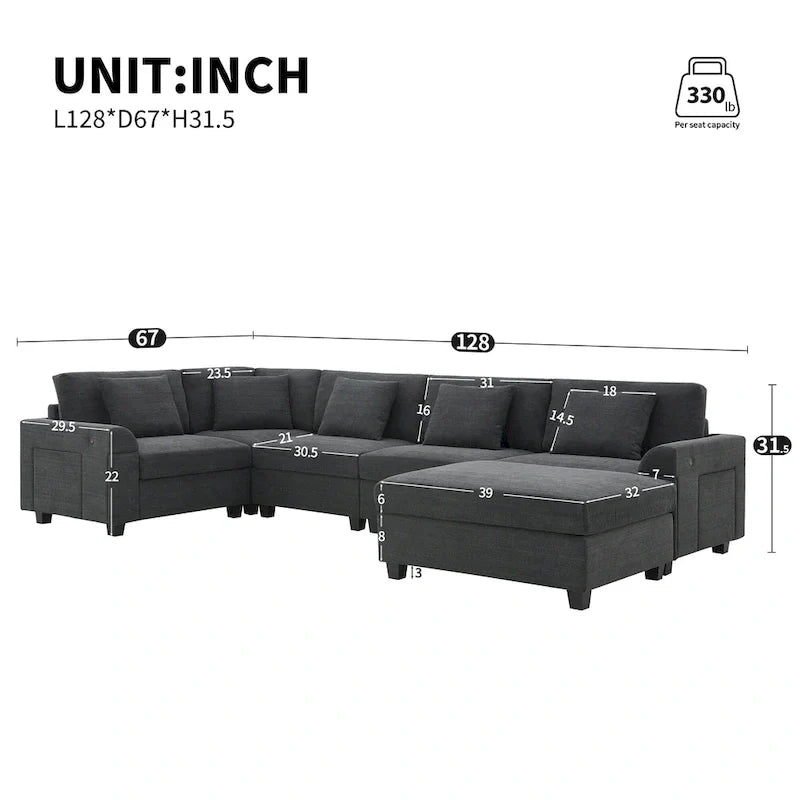 Canapé sectionnel en U 128 avec ottomane, ensemble de canapés 6 places avec rangement intégré, ports USB et porte-gobelets