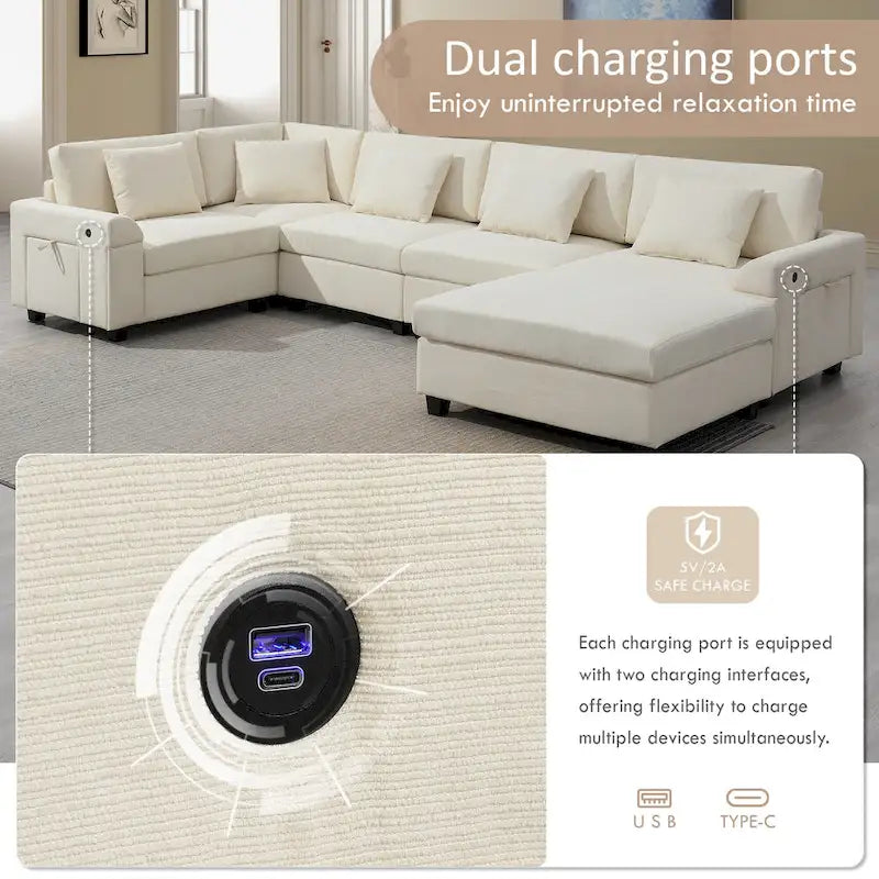 Canapé sectionnel en U 128 avec ottomane, ensemble de canapés 6 places avec rangement intégré, ports USB et porte-gobelets