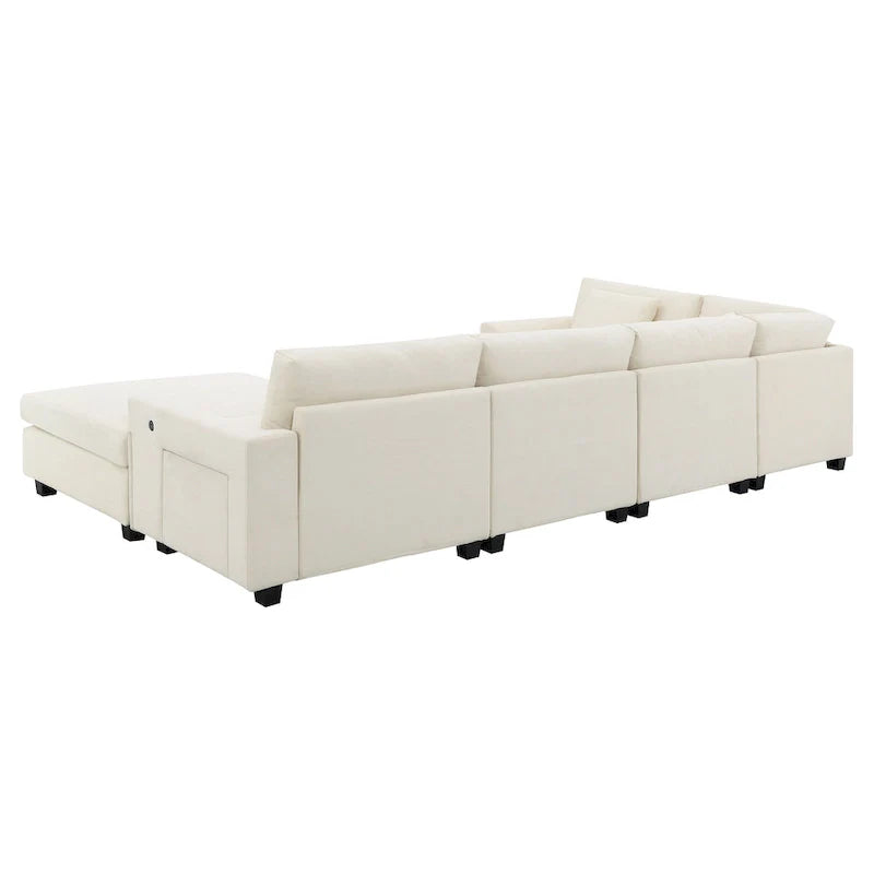 Canapé sectionnel en U 128 avec ottomane, ensemble de canapés 6 places avec rangement intégré, ports USB et porte-gobelets