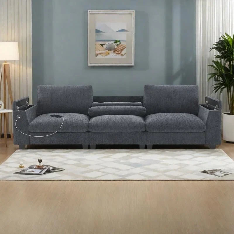 Canapé sectionnel intelligent en chenille 96 avec enceinte Bluetooth, tablette rabattable & chargeur USB et canapé nuage 3 places