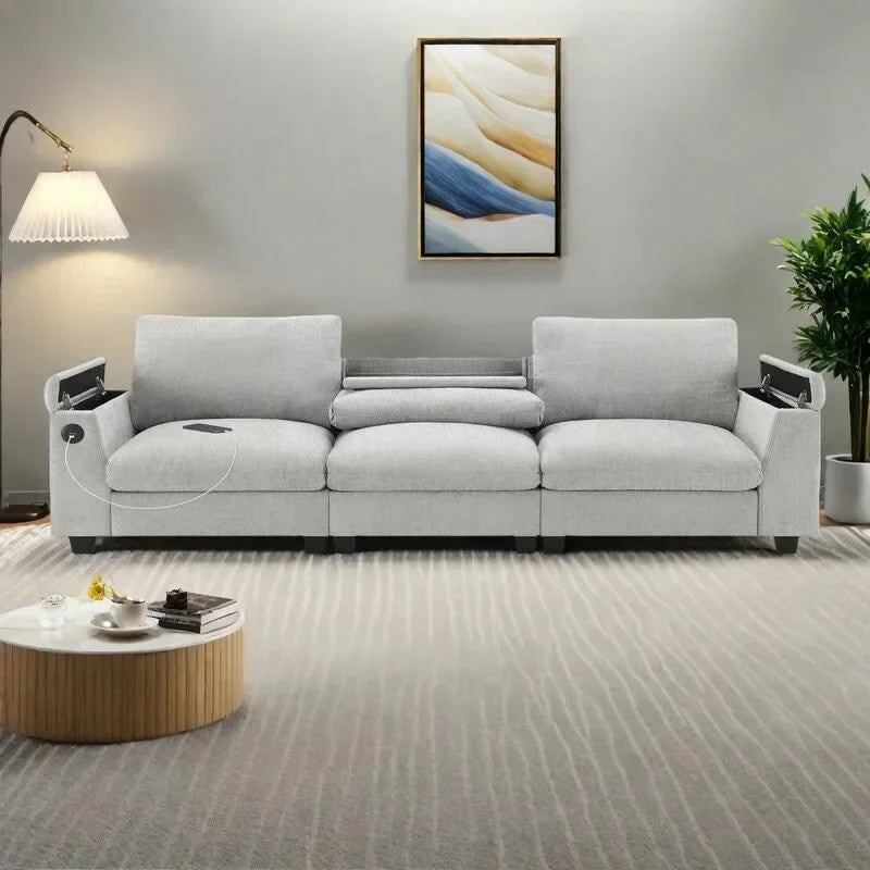 Canapé sectionnel intelligent en chenille 96 avec enceinte Bluetooth, tablette rabattable & chargeur USB et canapé nuage 3 places