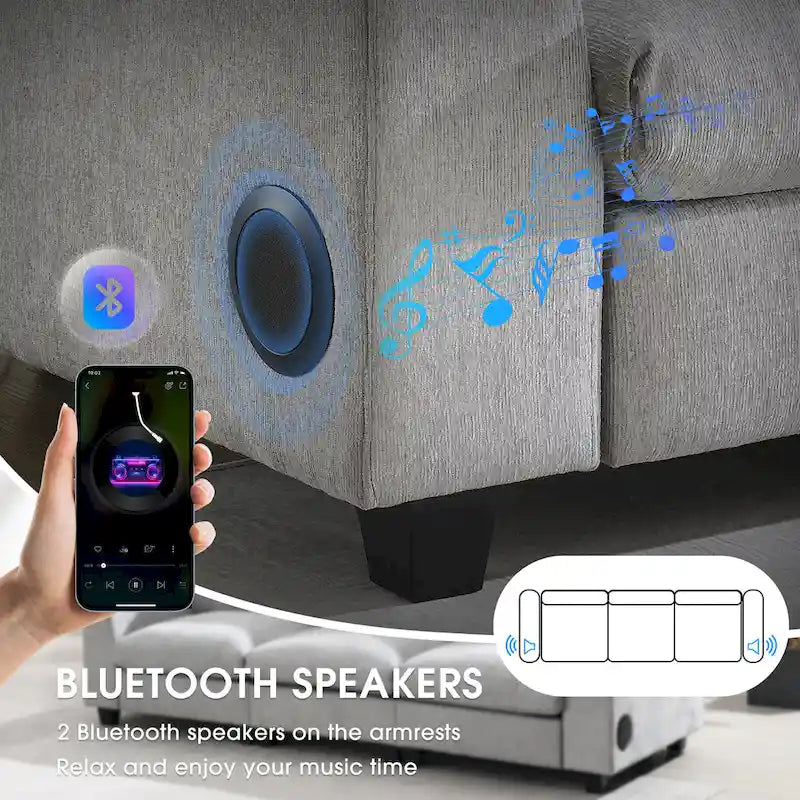 Canapé sectionnel intelligent en chenille 96 avec enceinte Bluetooth, tablette rabattable & chargeur USB et canapé nuage 3 places