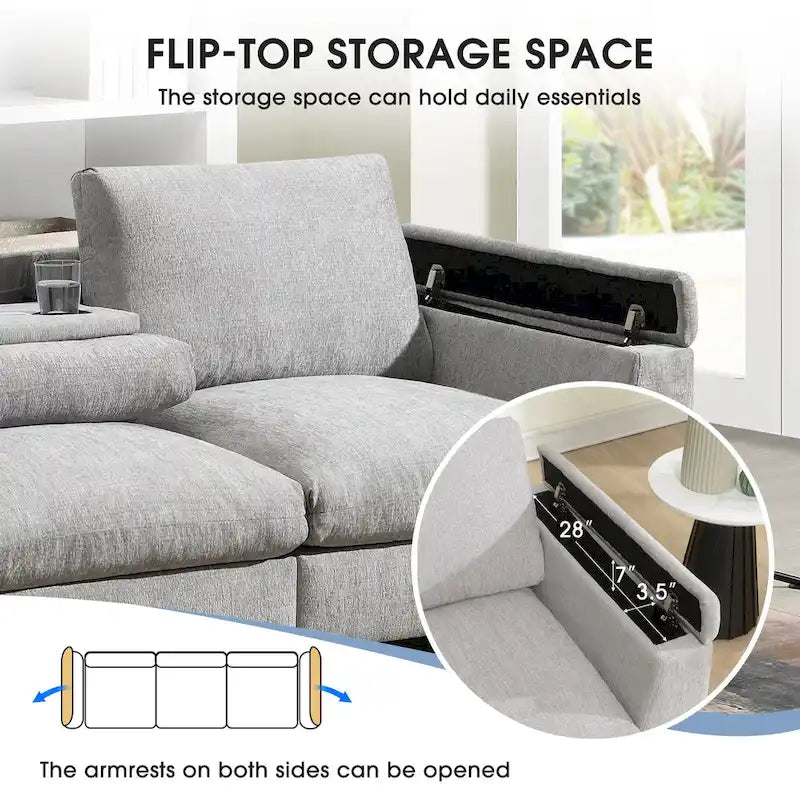 Canapé sectionnel intelligent en chenille 96 avec enceinte Bluetooth, tablette rabattable & chargeur USB et canapé nuage 3 places