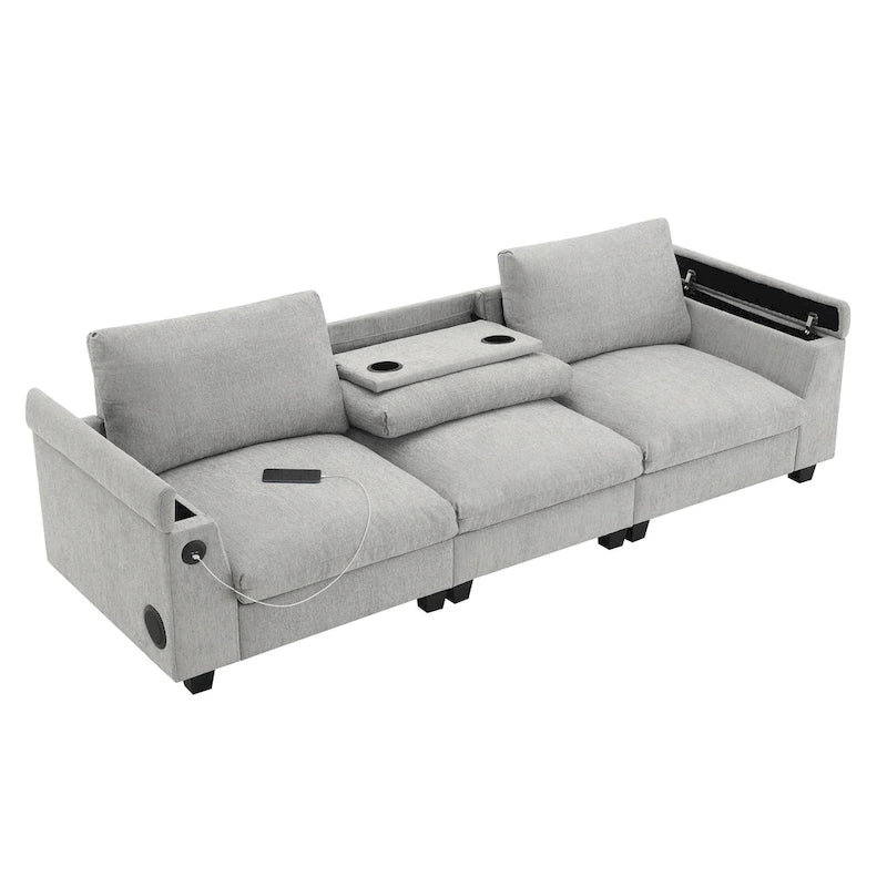 Canapé sectionnel intelligent en chenille 96 avec enceinte Bluetooth, tablette rabattable & chargeur USB et canapé nuage 3 places