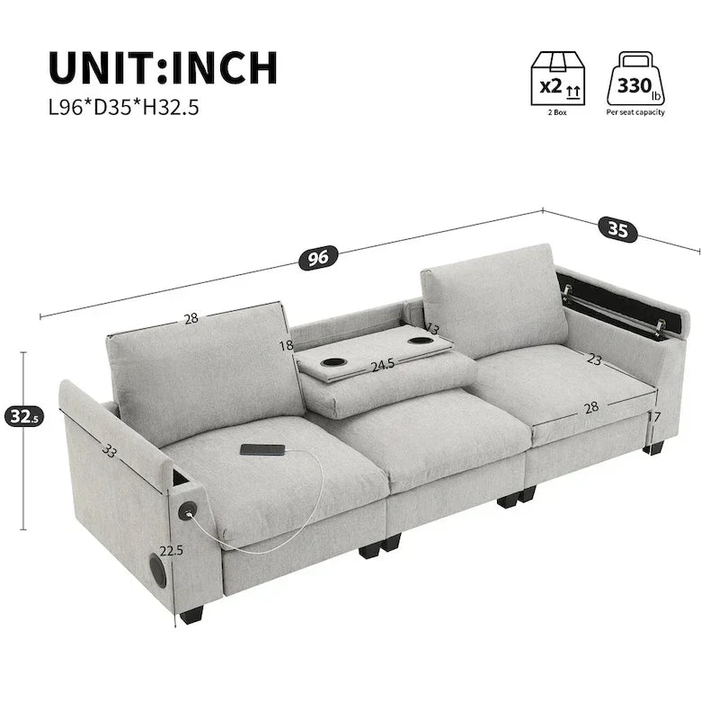 Canapé sectionnel intelligent en chenille 96 avec enceinte Bluetooth, tablette rabattable & chargeur USB et canapé nuage 3 places