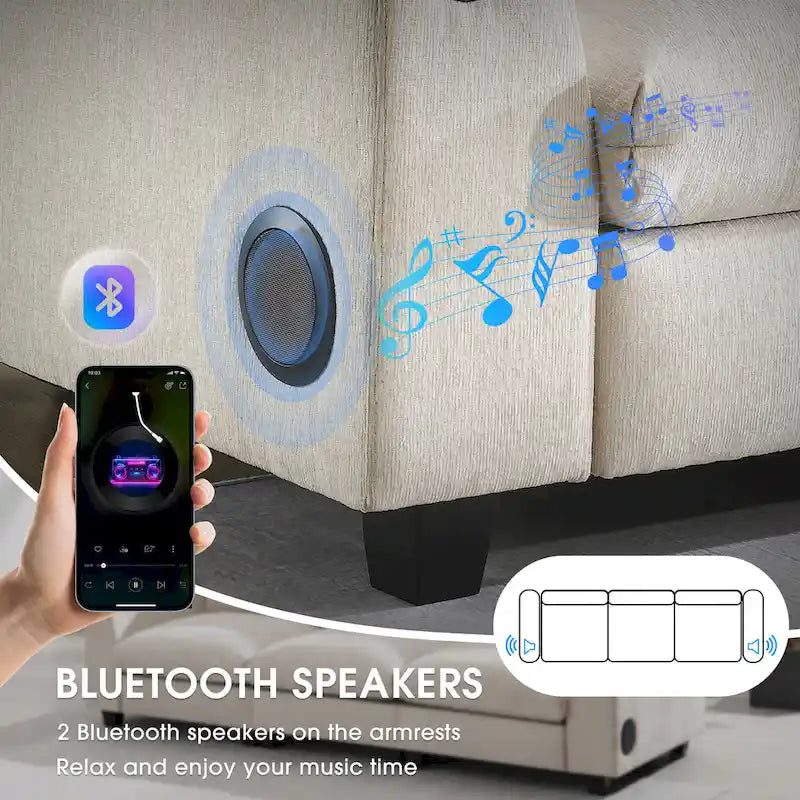 Canapé sectionnel intelligent en chenille 96 avec enceinte Bluetooth, tablette rabattable & chargeur USB et canapé nuage 3 places