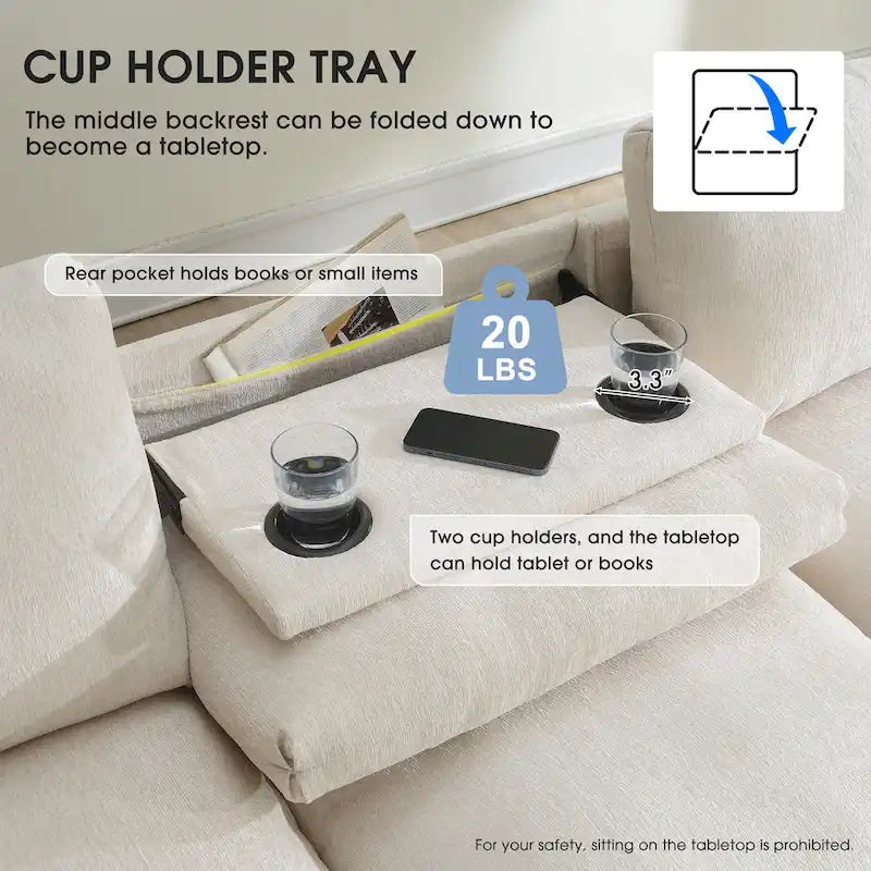 Canapé sectionnel intelligent en chenille 96 avec enceinte Bluetooth, tablette rabattable & chargeur USB et canapé nuage 3 places