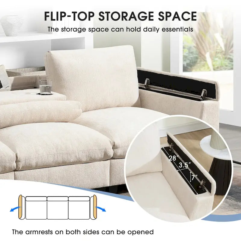 Canapé sectionnel intelligent en chenille 96 avec enceinte Bluetooth, tablette rabattable & chargeur USB et canapé nuage 3 places