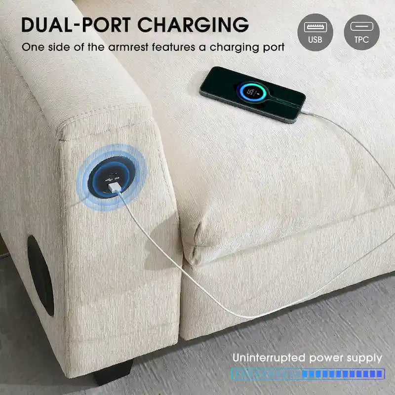 Canapé sectionnel intelligent en chenille 96 avec enceinte Bluetooth, tablette rabattable & chargeur USB et canapé nuage 3 places