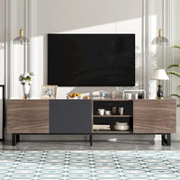Meuble TV moderne avec 3 armoires et étagères ouvertes, meuble console multimédia pour TV jusqu'à 80 pouces, meuble de divertissement avec porte abattante