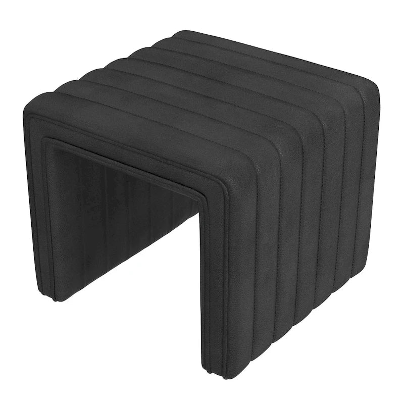 Ada Ottoman Pouf, Similicuir noir capitonné, 48 cm