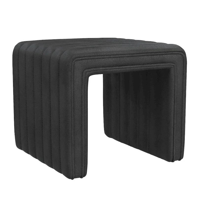 Ada Ottoman Pouf, Similicuir noir capitonné, 48 cm