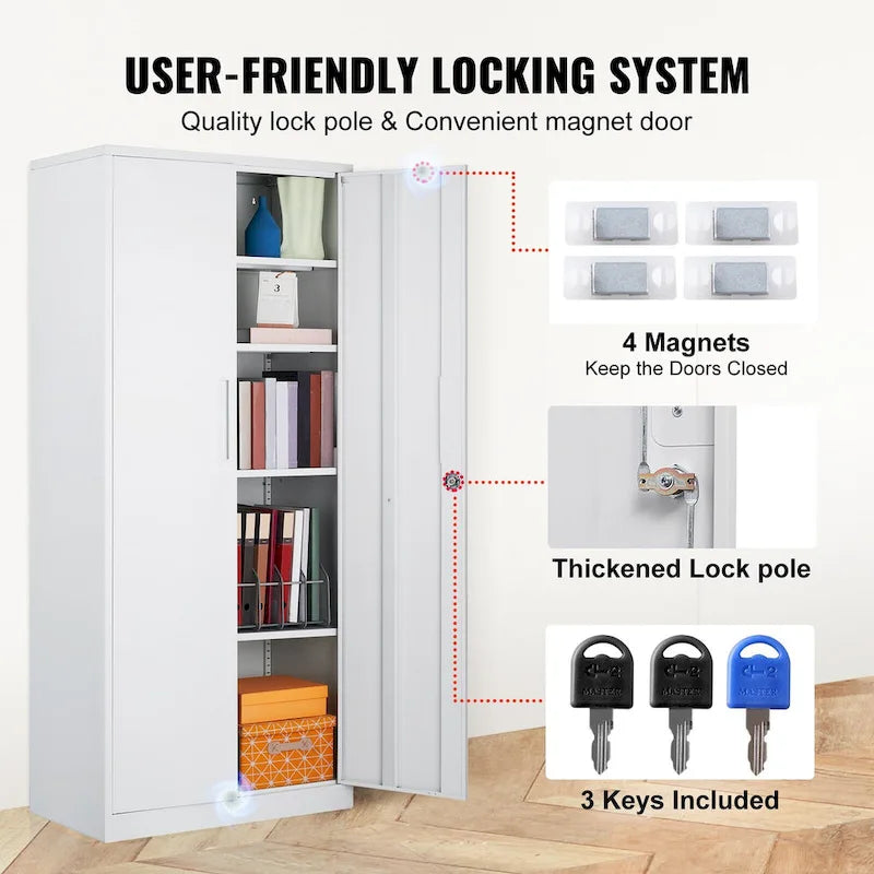 Armoire de rangement métallique verrouillable 75 pouces avec 4 étagères réglables et 2 portes magnétiques