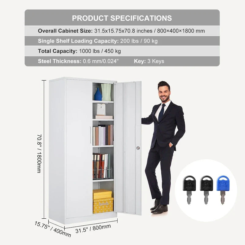 Armoire de rangement métallique verrouillable 75 pouces avec 4 étagères réglables et 2 portes magnétiques