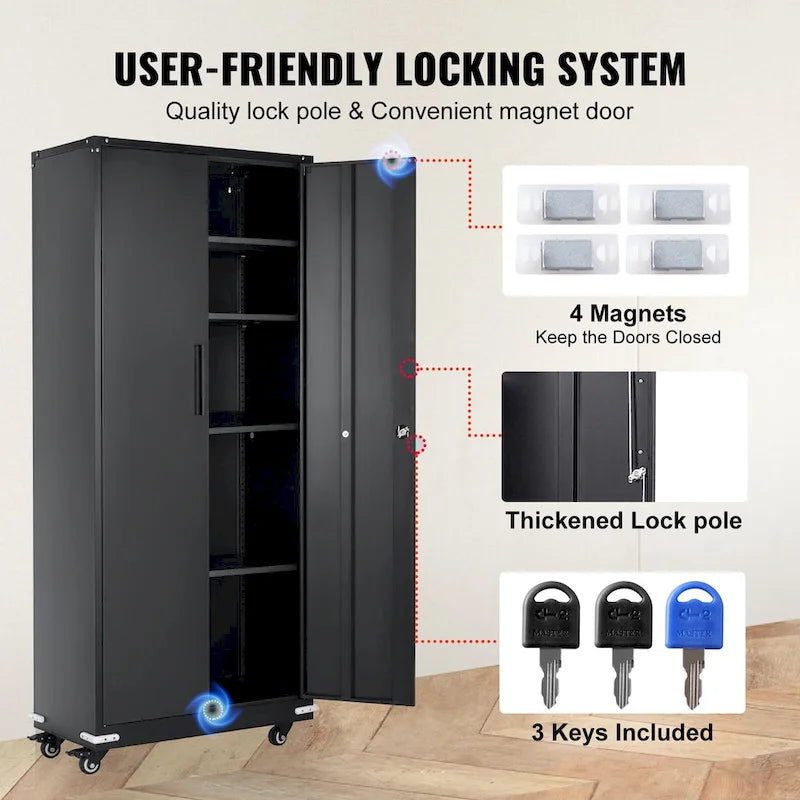 Armoire de rangement métallique verrouillable 75 pouces avec 4 étagères réglables et 2 portes magnétiques